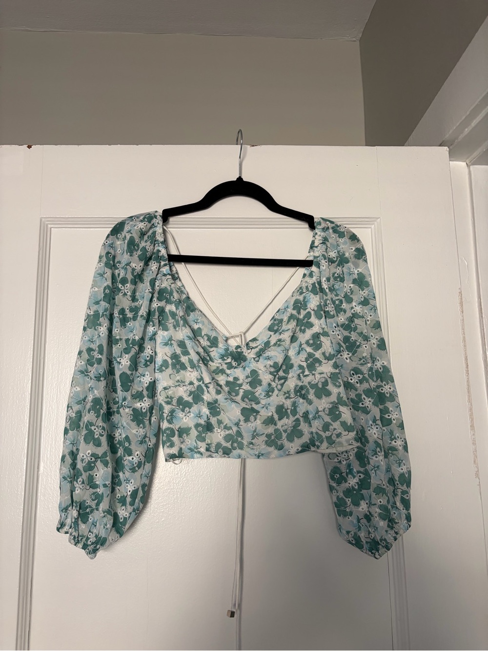 Floral Sage Puff-Sleeve Crop Top with strappy back